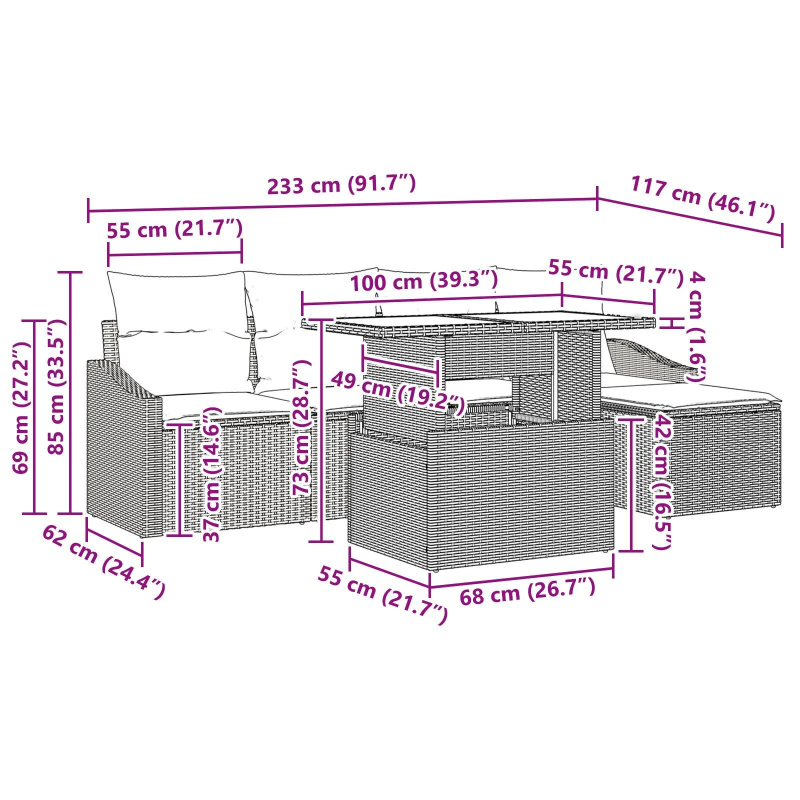vidaXL Dārza dīvānu komplekts ar spilvenu 6 pcs Melna un krēmkrāsas