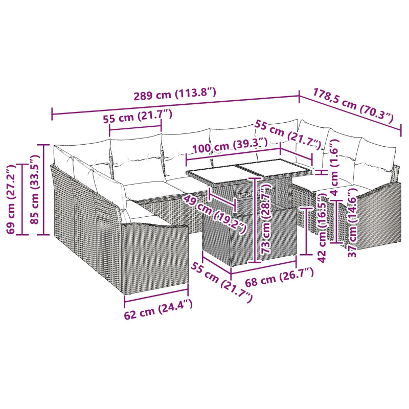 vidaXL Dīvānu komplekts ar spilvenu 10 pcs Gaiši pelēks poliratāns
