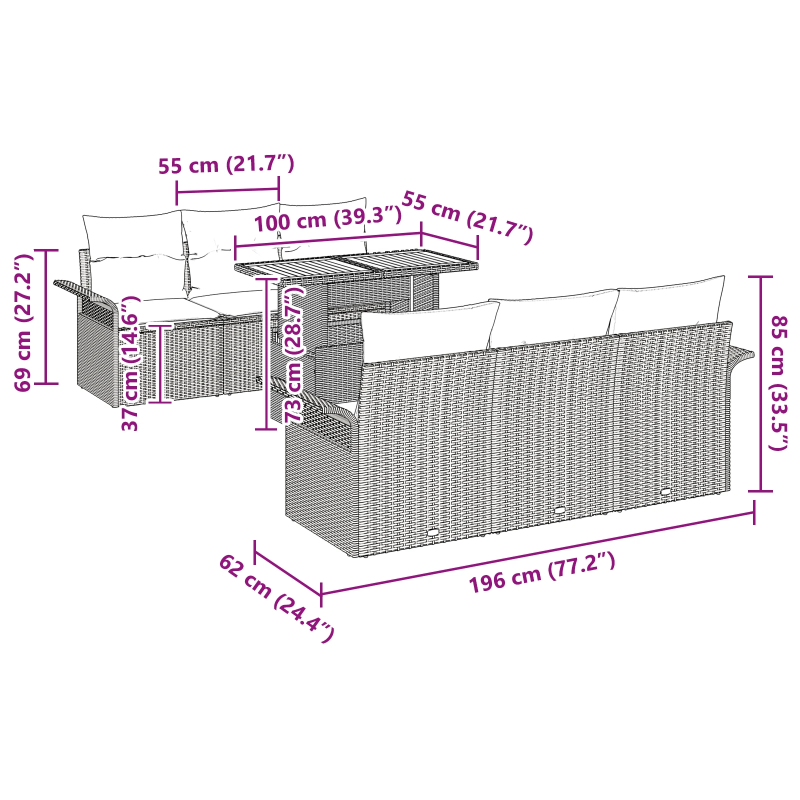 vidaXL Dārza dīvānu komplekts ar spilvenu 7 pcs Pelēka