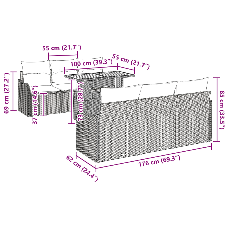 vidaXL Dārza dīvānu komplekts ar spilvenu 7 pcs bēša un krēmkrāsa