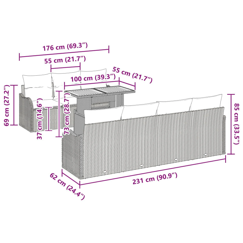 vidaXL Dārza dīvānu komplekts ar spilvenu 8 pcs bēša un gaiši pelēka