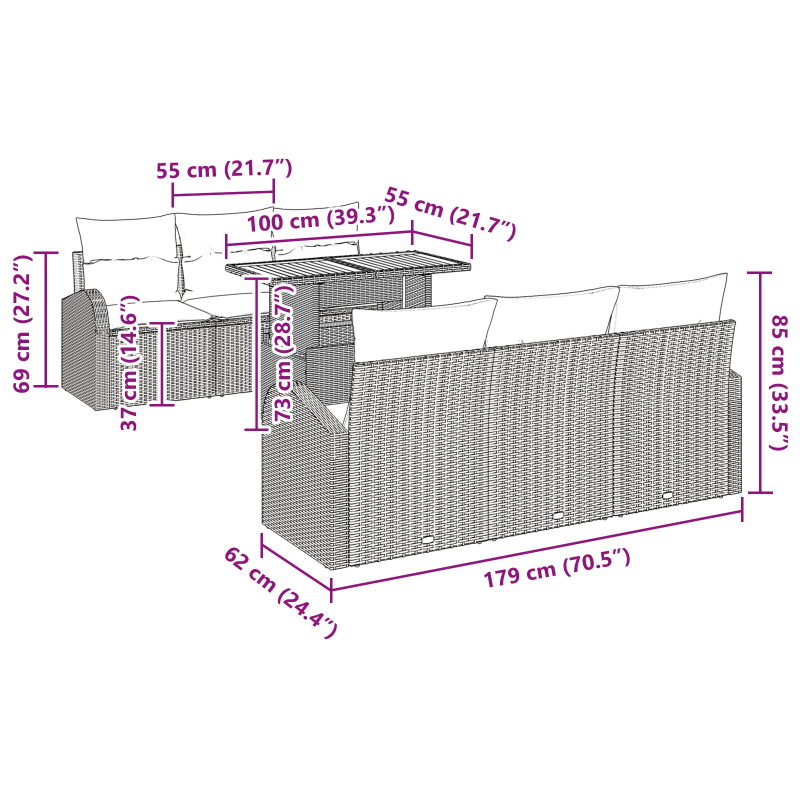 vidaXL Dārza dīvānu komplekts ar spilvenu 7 pcs Pelēka