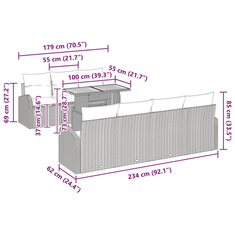 vidaXL Dārza dīvānu komplekts ar spilvenu 8 pcs bēša un krēmkrāsa