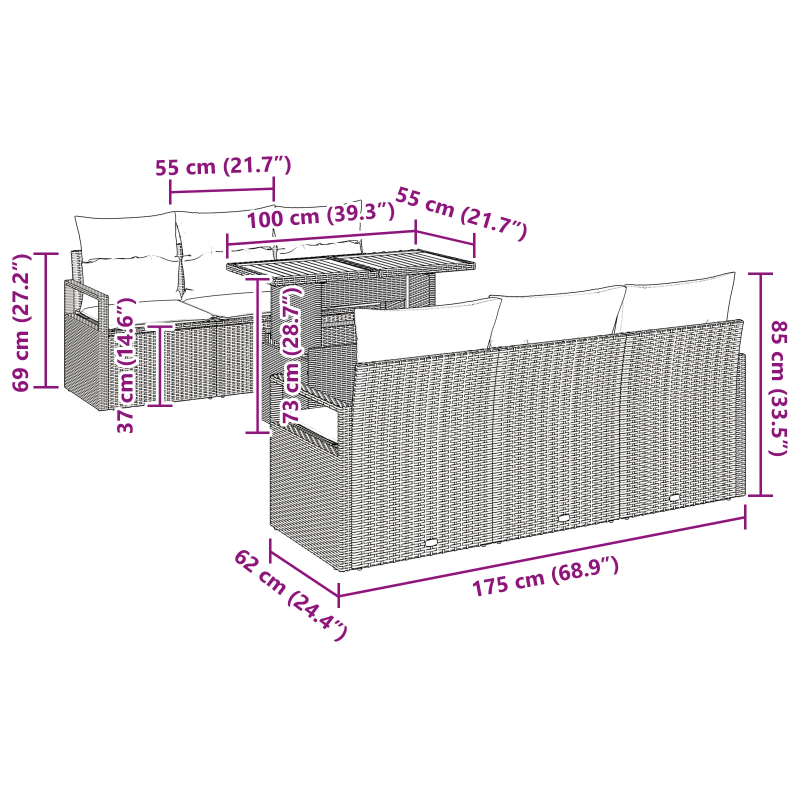 vidaXL Dārza dīvānu komplekts ar spilvenu 7 pcs Melna un krēmkrāsas