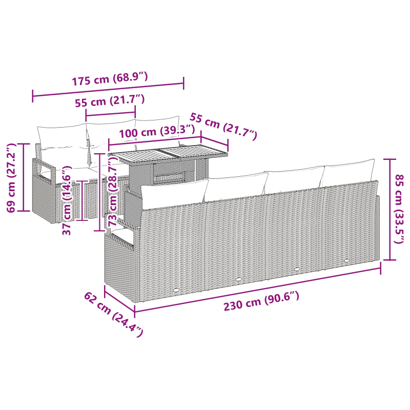vidaXL Dārza dīvānu komplekts ar spilvenu 8 pcs Bēšs un pelēks