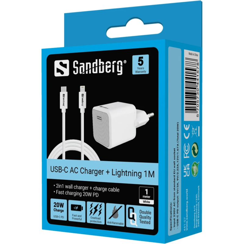 Sandberg 441-57 USB-C 20W Charger + USB-C to Lightning cable, 1M