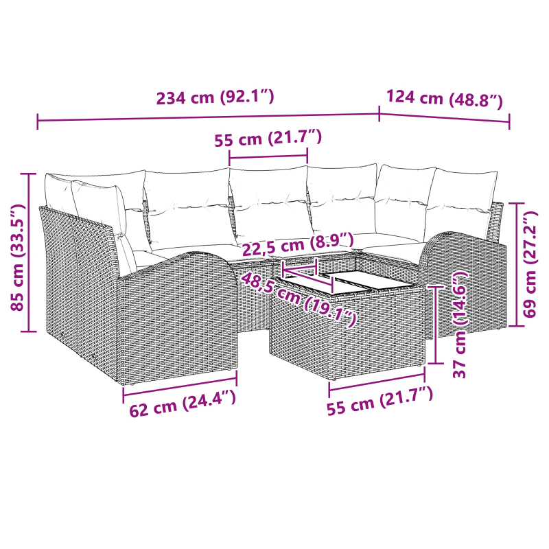 vidaXL Dārza dīvānu komplekts ar spilvenu 7 pcs Brūns un Krēma