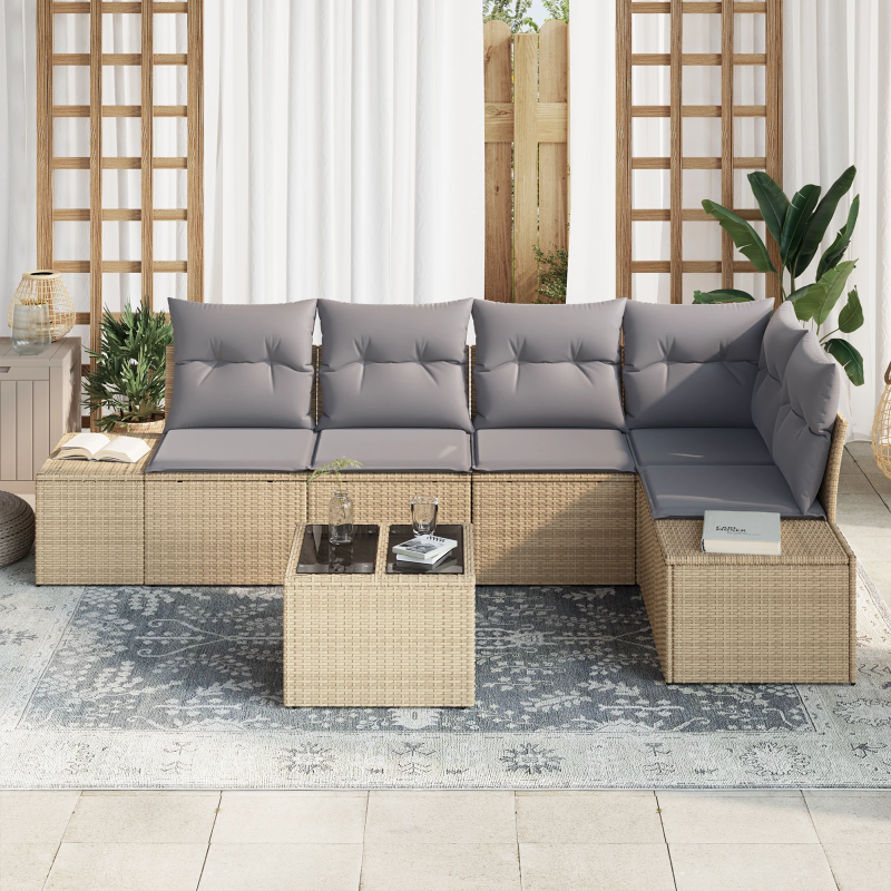 vidaXL Dārza dīvānu komplekts ar spilvenu 6 pcs Bēša un gaiši pelēka