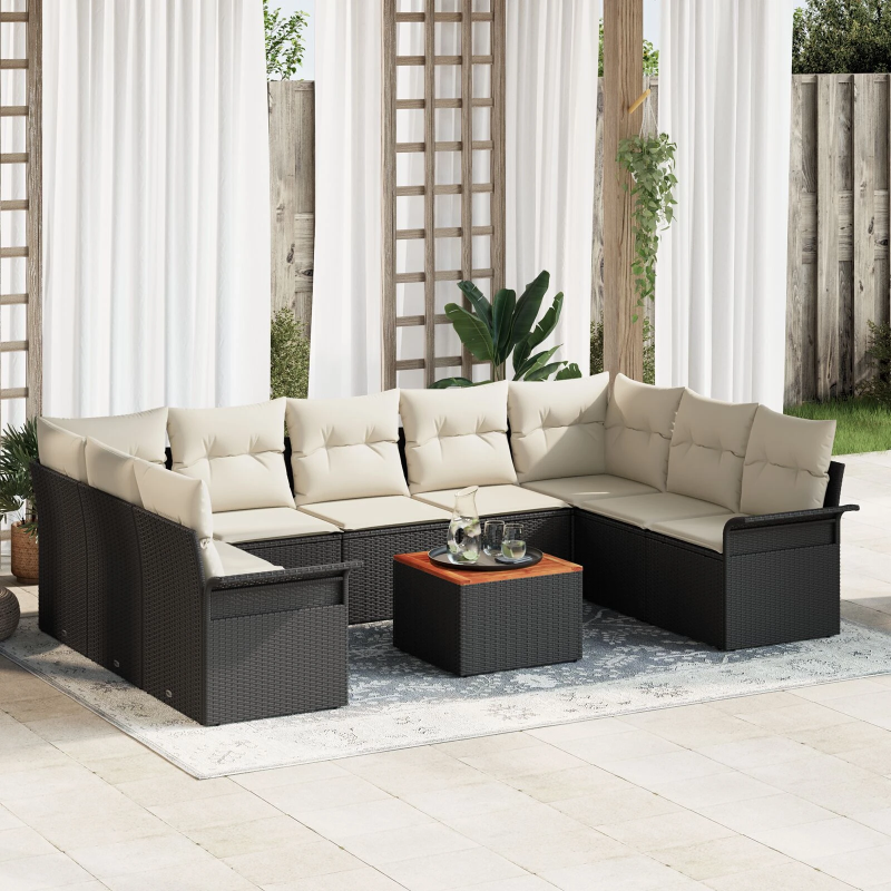 vidaXL Dārza dīvānu komplekts ar spilvenu 10 pcs Melns un Krēmkrāsa