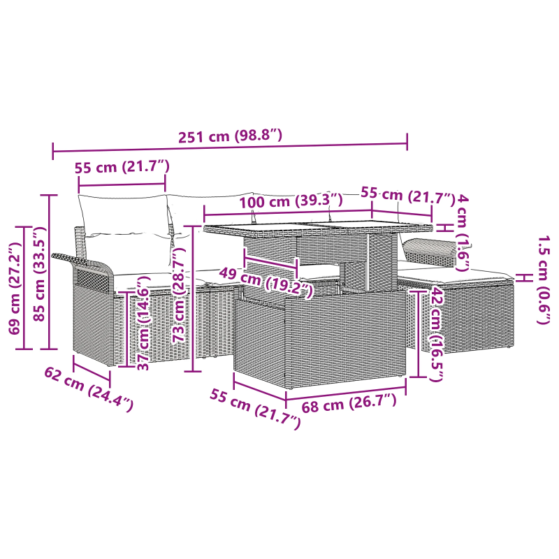 vidaXL Dārza dīvānu komplekts 6 pcs Melna Poliūtu rotangpalma