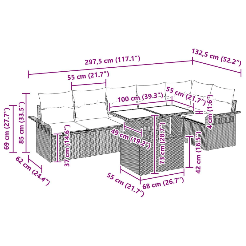 vidaXL Dārza dīvānu komplekts 7 pcs Melna Poliūtu rotangpalma