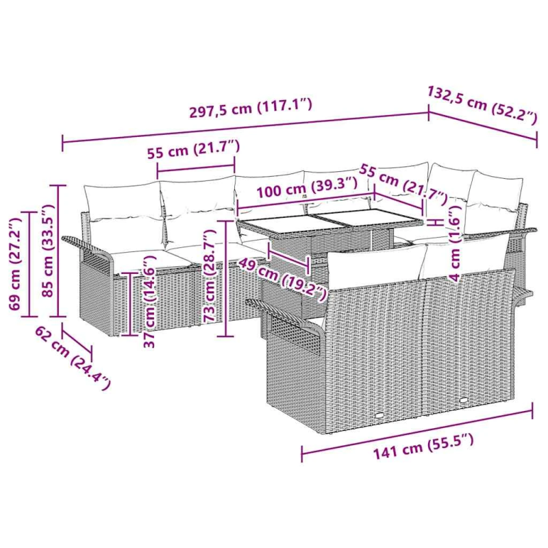 vidaXL Dārza dīvānu komplekts 9 pcs Bēša Poliūtu rotangpalma