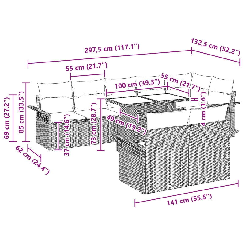 vidaXL Dārza dīvānu komplekts 9 pcs Melna Poliūtu rotangpalma