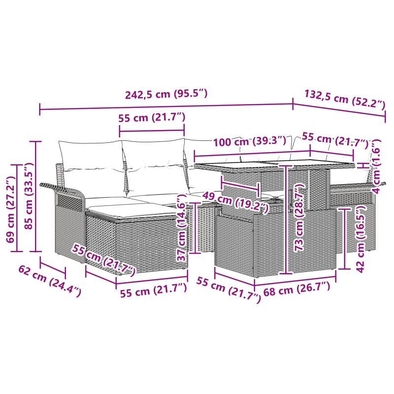 vidaXL Dārza dīvānu komplekts 7 pcs Melna Poliūtu rotangpalma