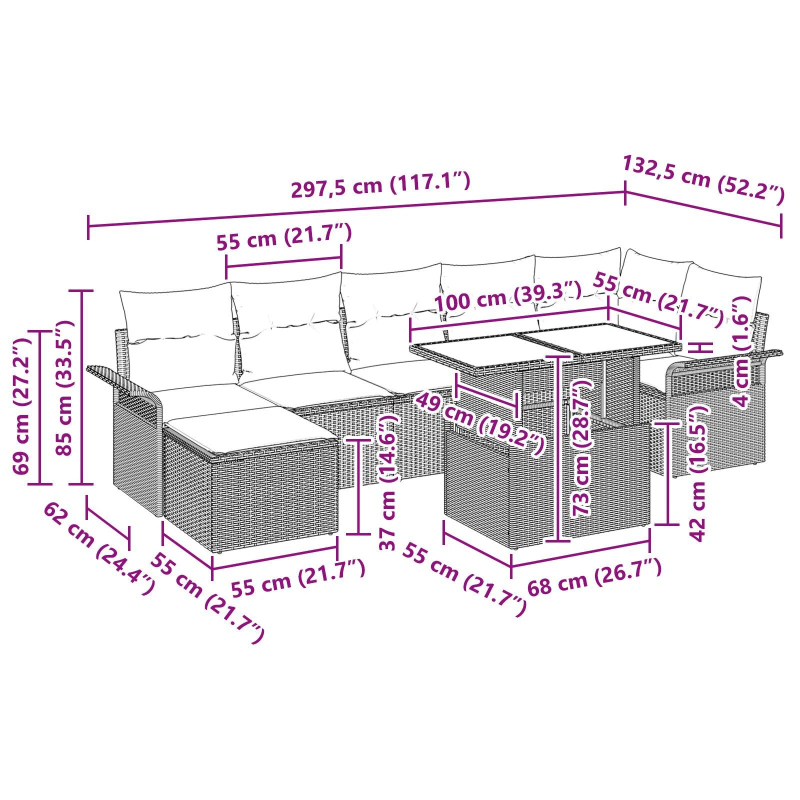 vidaXL Dārza dīvānu komplekts 8 pcs Gaiši pelēka Poliūtu rotangpalma