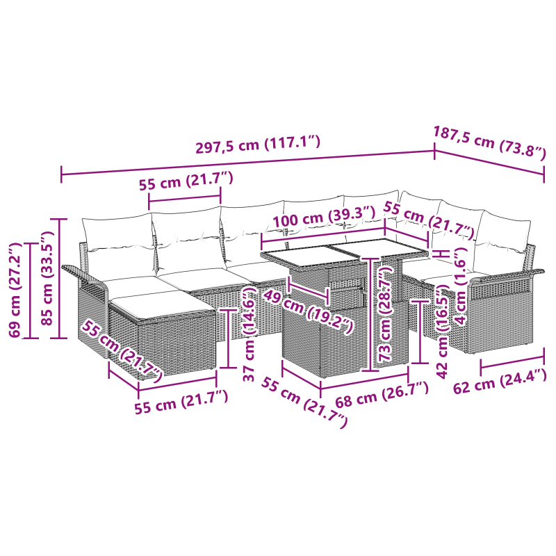 vidaXL Dārza dīvānu komplekts ar spilvenu 9 pcs Brūns un Krēma