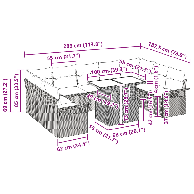 vidaXL Dārza dīvānu komplekts ar spilvenu 10 pcs Brūna Polirāts