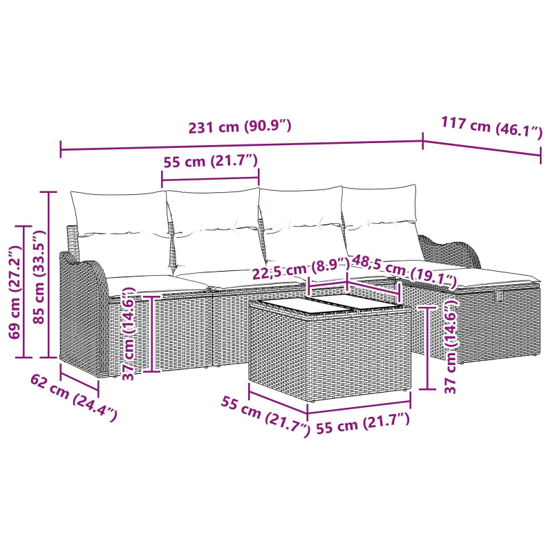 vidaXL Dārza dīvānu komplekts ar spilvenu 6 pcs Melna poliratāns