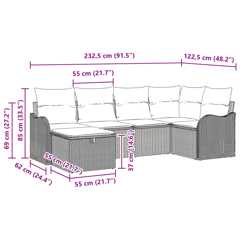 vidaXL Dārza dīvānu komplekts 6 pcs Melna Poliūtu rotangpalma