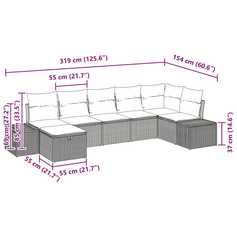 vidaXL Dārza dīvānu komplekts ar spilvenu 7 pcs Bēša poliratāns
