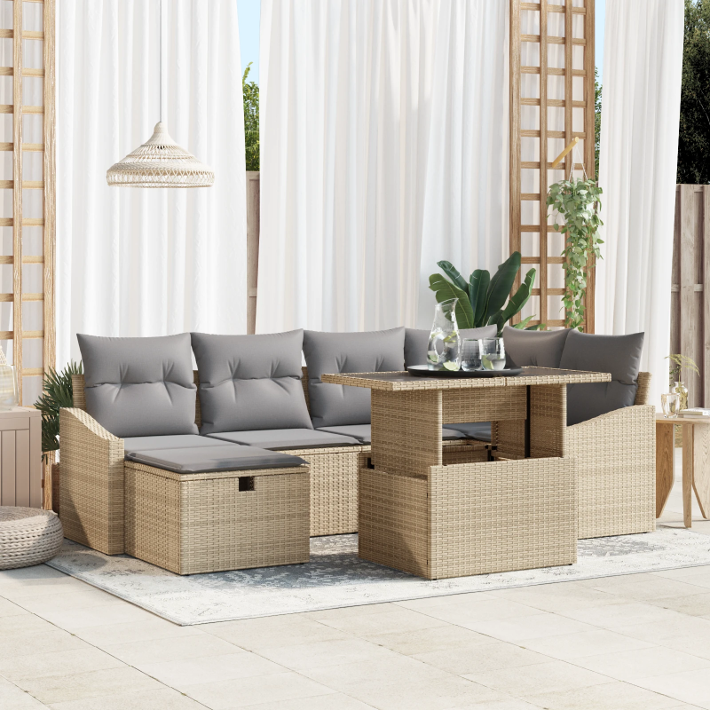 vidaXL Dārza dīvānu komplekts 7 pcs Bēša Poliūtu rotangpalma