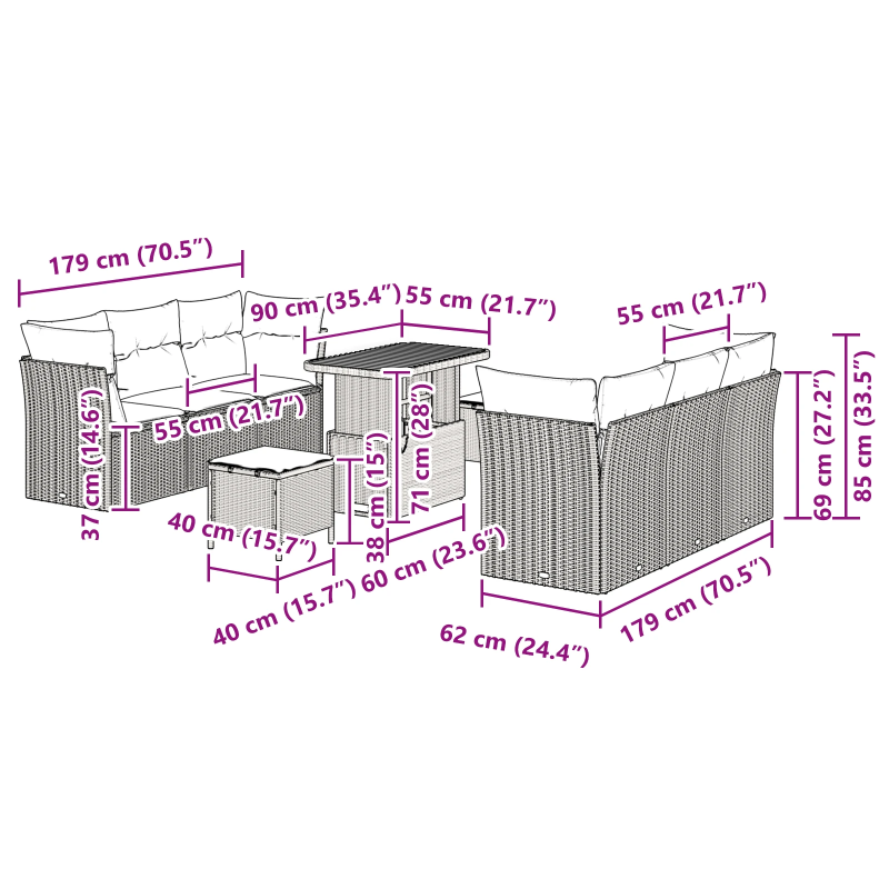 vidaXL Dārza dīvānu komplekts ar spilvenu 9 pcs Melna poliratāns