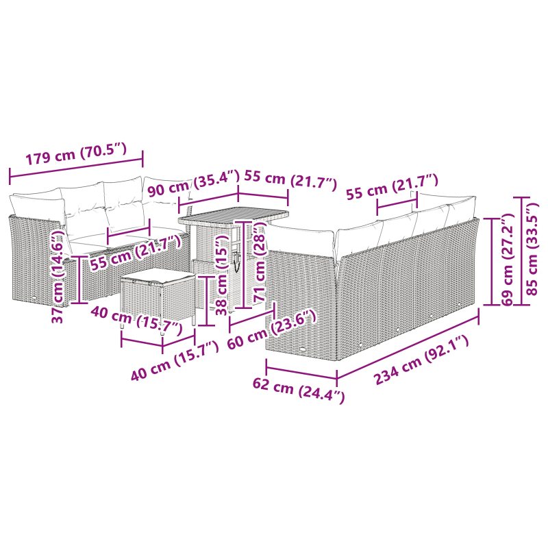 vidaXL Dārza dīvānu komplekts 10 pcs Melna poliratāns