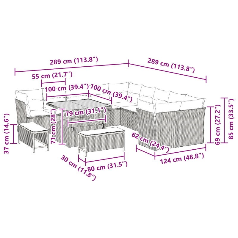vidaXL Dārza dīvānu komplekts 13 pcs Melna poliratāns