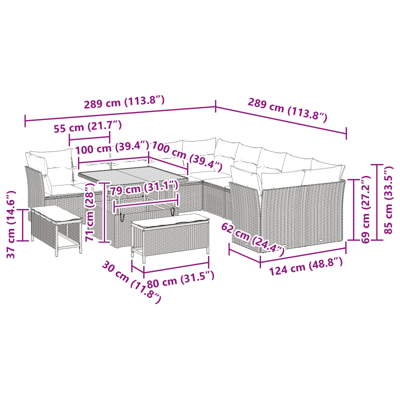 vidaXL Dārza dīvānu komplekts 13 pcs Bēša poliratāns