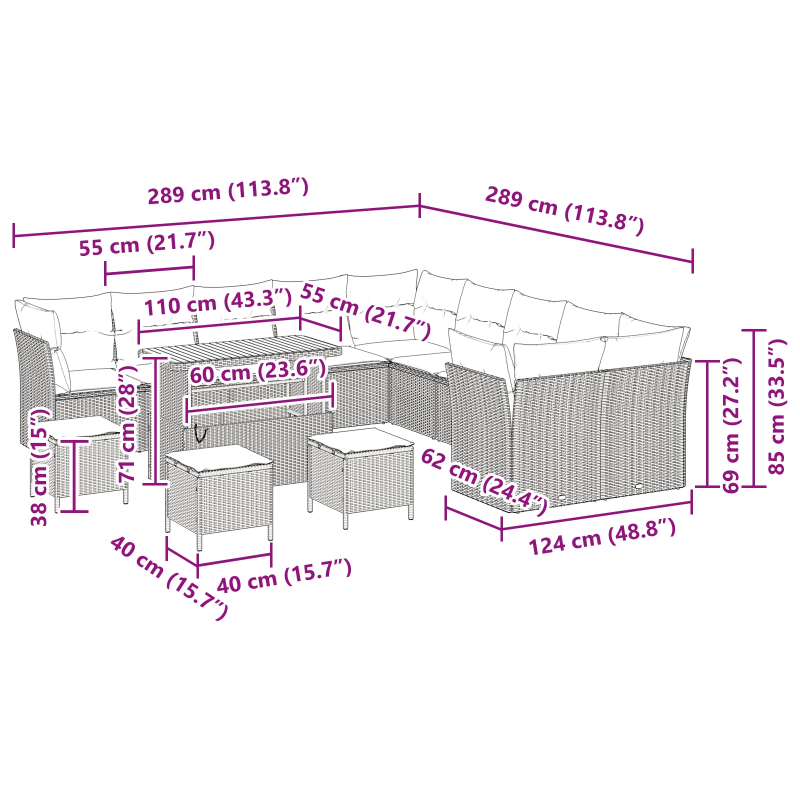 vidaXL Dārza dīvānu komplekts 14 pcs Melna poliratāns