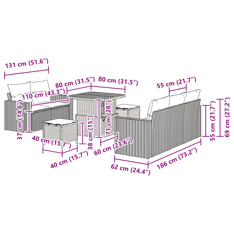 vidaXL Dārza dīvānu komplekts ar spilvenu 8 pcs Melna poliratāns