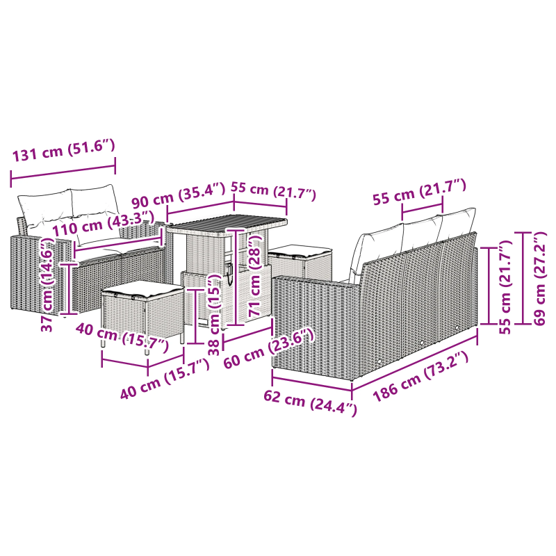 vidaXL Dārza dīvānu komplekts ar spilvenu 8 pcs Melna poliratāns