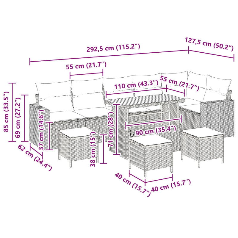 vidaXL Dārza dīvānu komplekts 9 pcs Bēša poliratāns