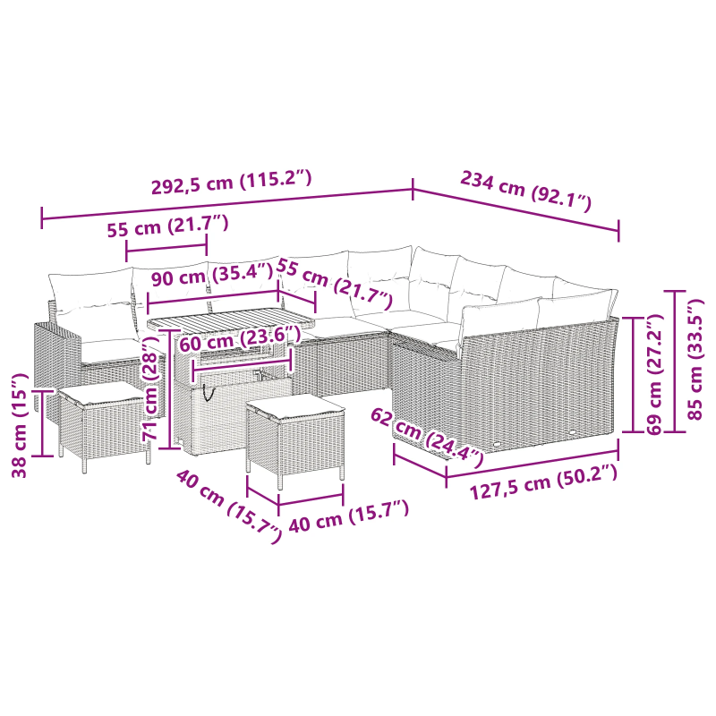 vidaXL Dārza dīvānu komplekts 12 pcs Bēša poliratāns