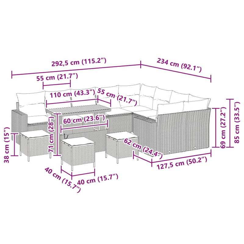 vidaXL Dārza dīvānu komplekts 12 pcs Bēša poliratāns