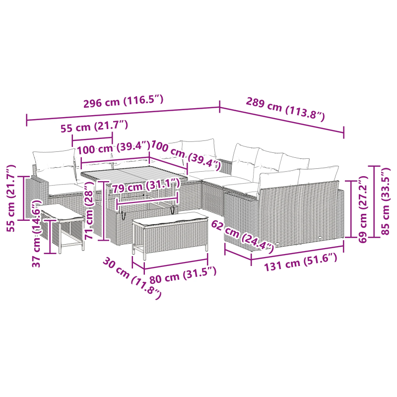 vidaXL Dārza dīvānu komplekts ar spilvenu 13 pcs Bēša poliratāns