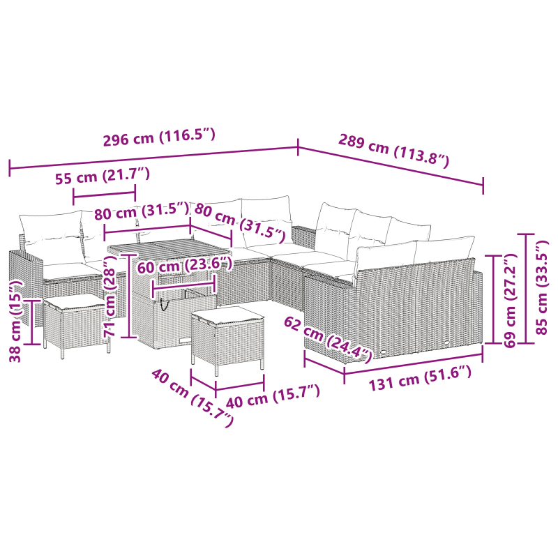 vidaXL Dārza dīvānu komplekts 13 pcs Bēša poliratāns
