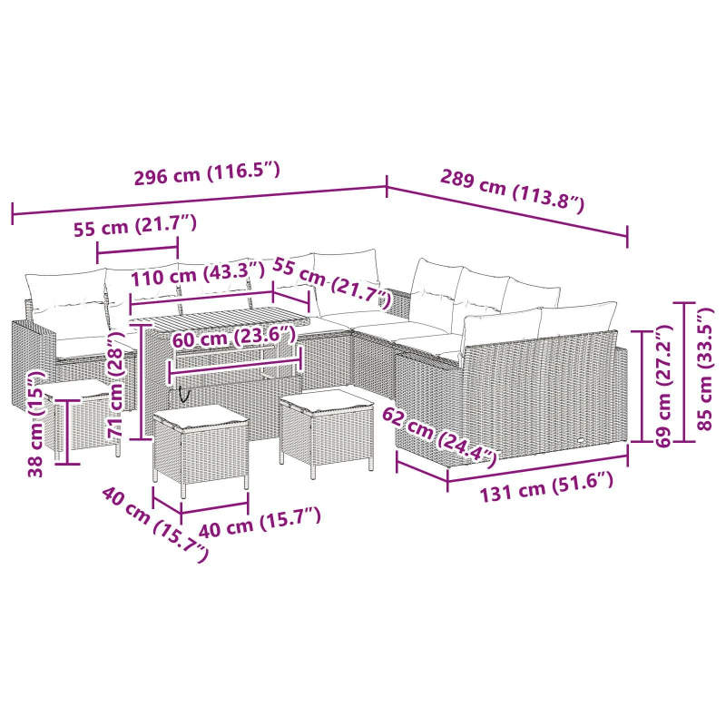 vidaXL Dārza dīvānu komplekts 13 pcs Pelēka poliratāns