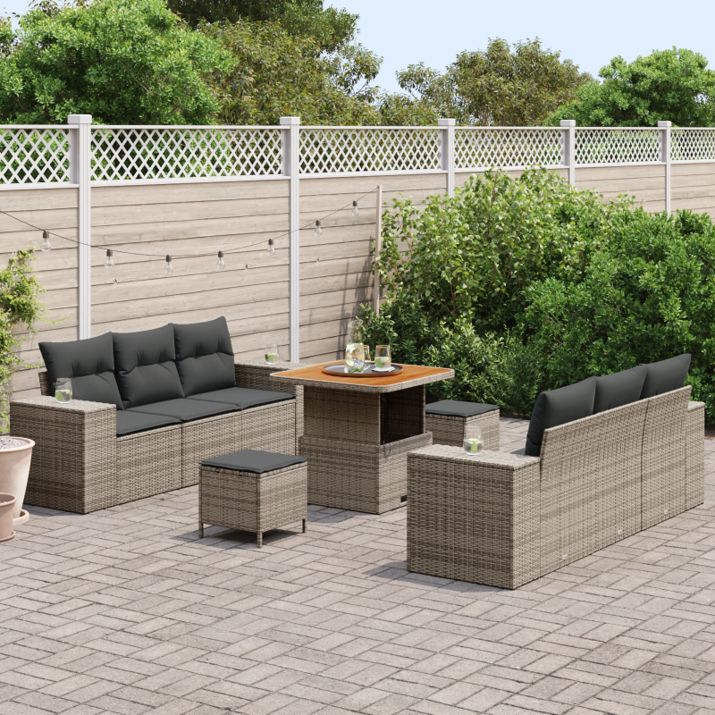 vidaXL Dārza dīvānu komplekts 9 pcs Pelēka Poliūtu rotangpalma