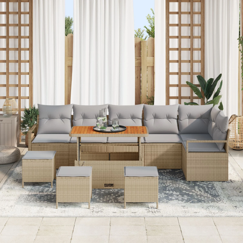 vidaXL Dārza dīvānu komplekts 9 pcs Bēša Poliūtu rotangpalma