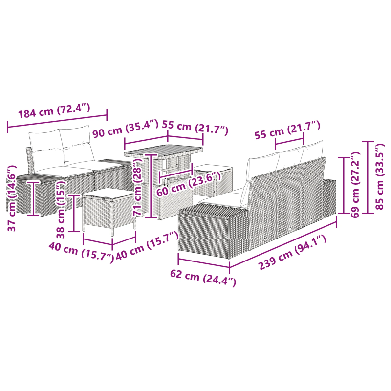 vidaXL Dārza dīvānu komplekts ar spilvenu 8 pcs Bēša poliratāns