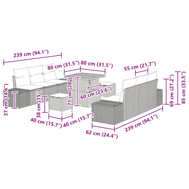 vidaXL Dārza dīvānu komplekts 9 pcs Pelēka Poliūtu rotangpalma