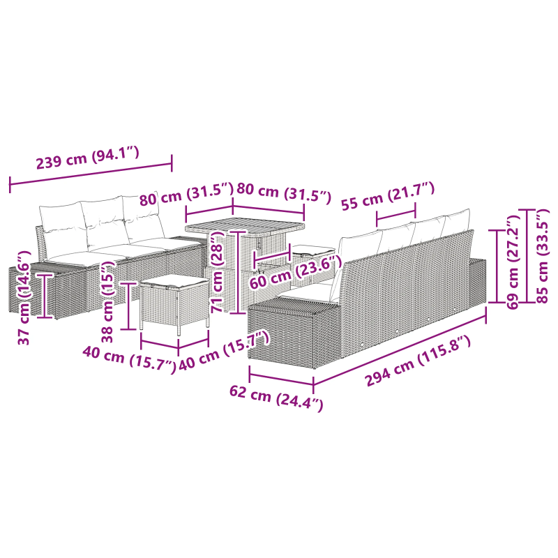 vidaXL Dārza dīvānu komplekts ar spilvenu 10 pcs Melna poliratāns