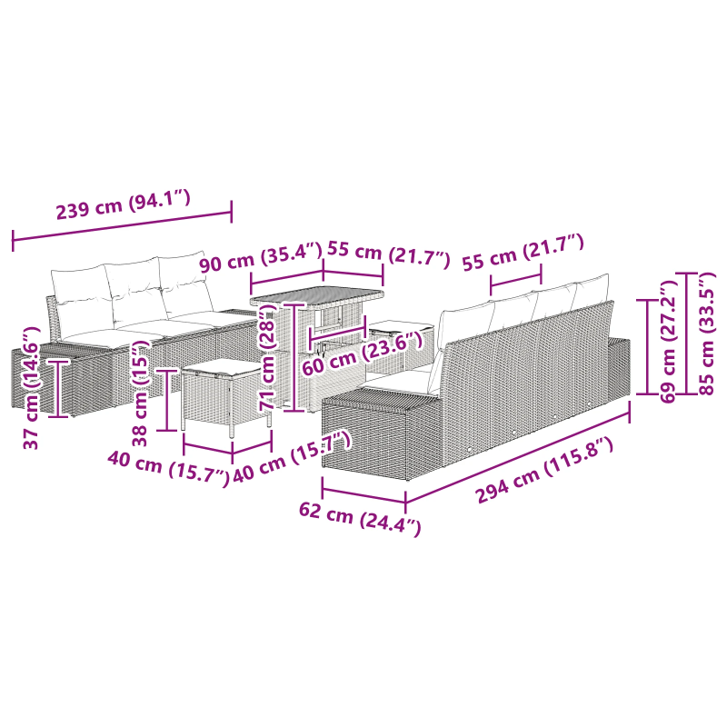 vidaXL Dārza dīvānu komplekts ar spilvenu 10 pcs Melna poliratāns