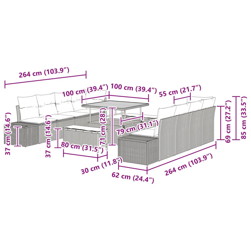 vidaXL Dārza dīvānu komplekts ar spilvenu 11 pcs Bēša poliratāns