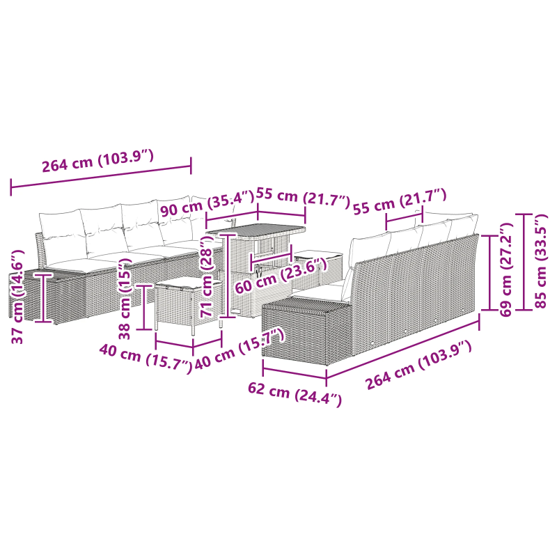 vidaXL Dārza dīvānu komplekts ar spilvenu 11 pcs Bēša poliratāns