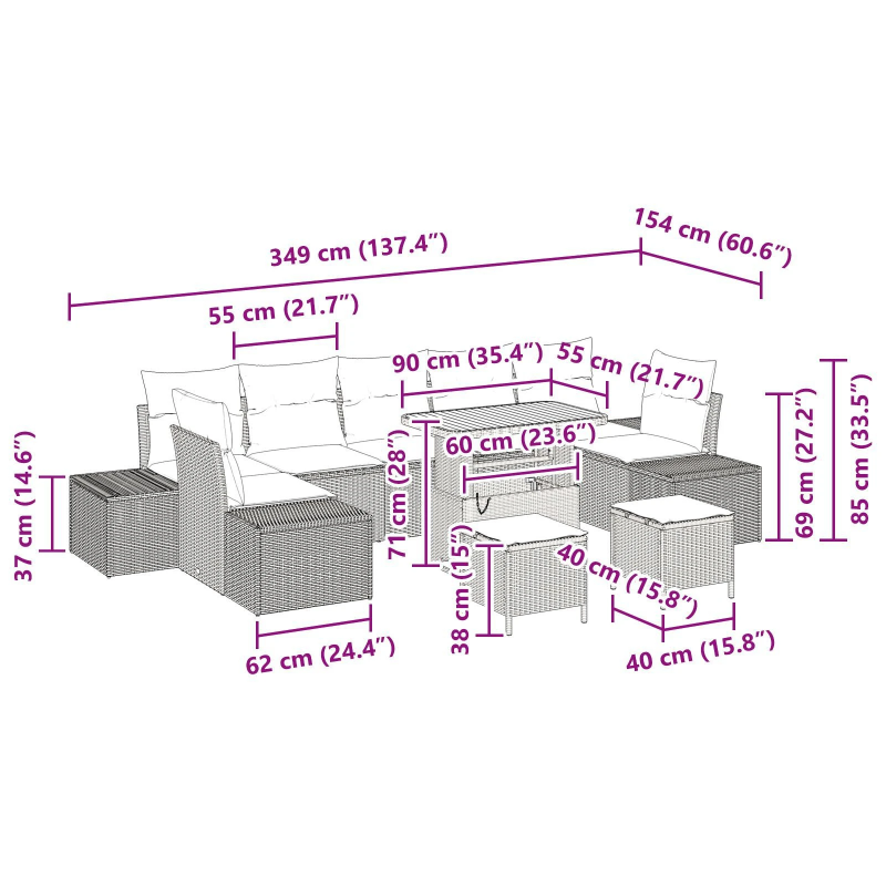 vidaXL Dārza dīvānu komplekts 10 pcs Bēša Poliūtu rotangpalma