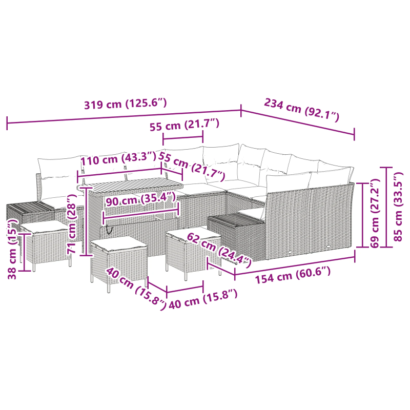vidaXL Dārza dīvānu komplekts 13 pcs Melna Poliūtu rotangpalma