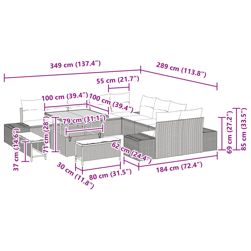 vidaXL Dārza dīvānu komplekts 13 pcs Melna Poliūtu rotangpalma