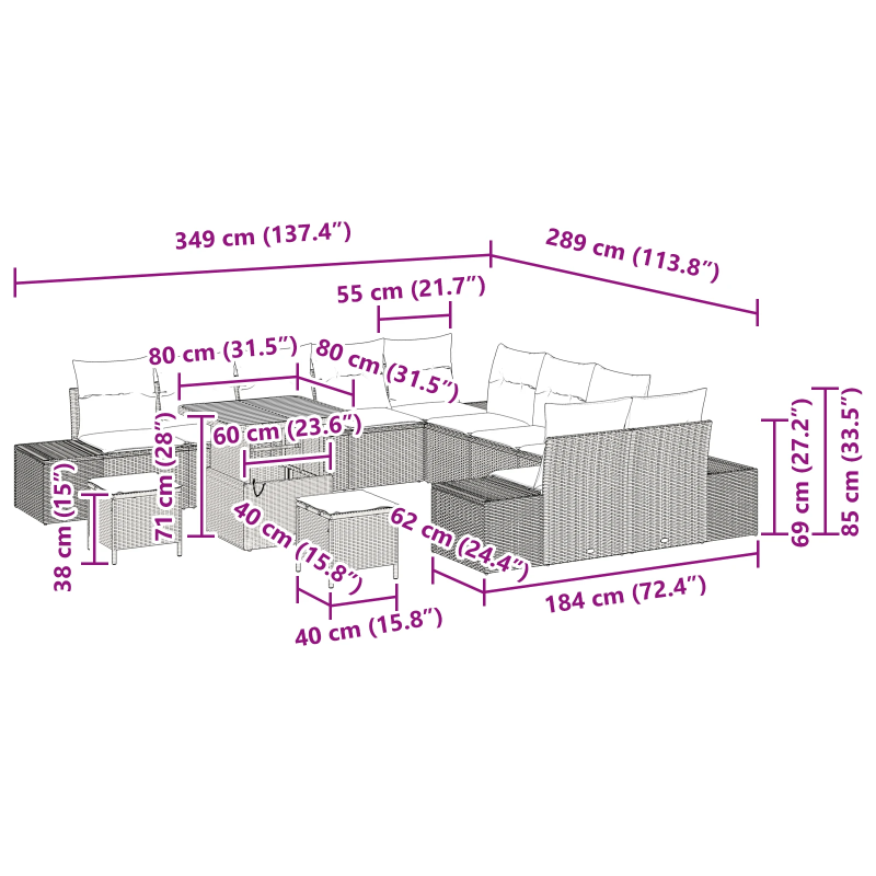 vidaXL Dārza dīvānu komplekts ar spilvenu 13 pcs Bēša poliratāns